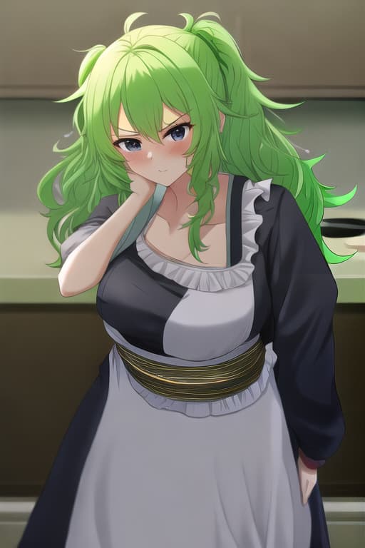  best quality, 1girl, (solo), standing, noodle hair, green hair, black eyes, angry, medium, wedding dress, kitchen,