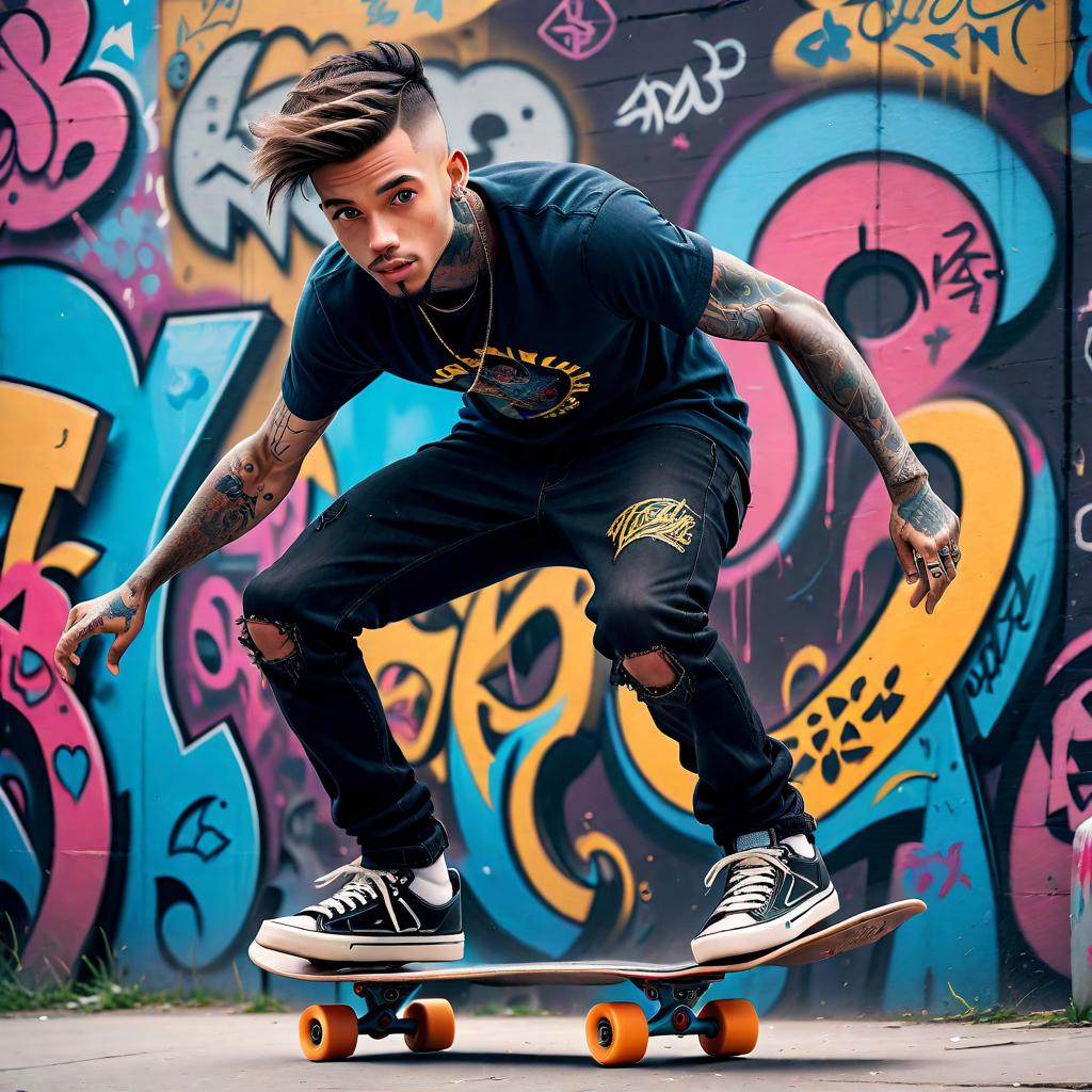  (best quality, masterpiece), (((high detail))), Handsome guy with beautiful black tattoos and nicely graded haircut. When he's riding a skateboard and he's jumping off a high ramp and he's doing an exercise in the air and a background of cool graffiti paints