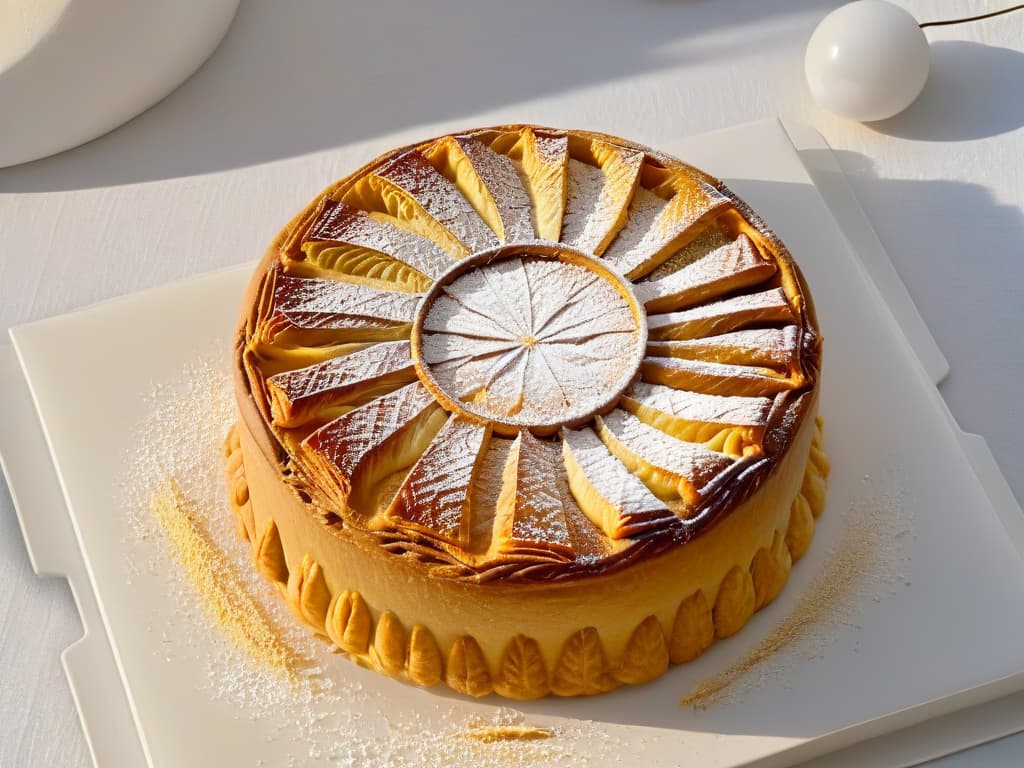  A closeup, ultradetailed image of a golden, flaky Galette des Rois pastry, sprinkled with powdered sugar and adorned with intricate geometric patterns on its surface. The pastry is set on a sleek, modern white plate, with subtle natural light casting delicate shadows, highlighting the texture and craftsmanship of the dessert. hyperrealistic, full body, detailed clothing, highly detailed, cinematic lighting, stunningly beautiful, intricate, sharp focus, f/1. 8, 85mm, (centered image composition), (professionally color graded), ((bright soft diffused light)), volumetric fog, trending on instagram, trending on tumblr, HDR 4K, 8K