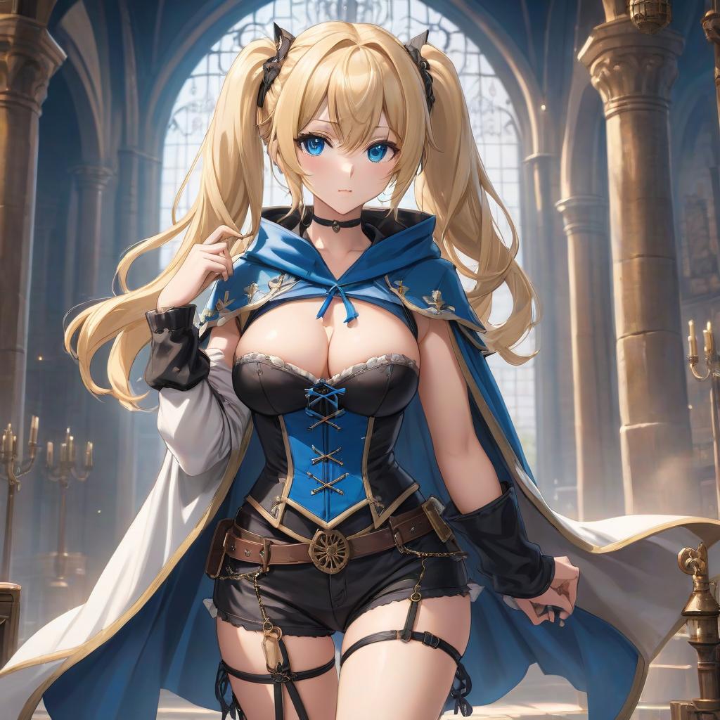  anime artwork a young , with blond hair, a hairstyle with two ponytails, medieval clothes style, in black shorts, blue corset and black hoody cloak, with thigh straps, 2d, anime, extremely hyper detailed clothing, (extremely hyper detailed face), (masterpiece:1.4), (perfect eyes:1.1), (deep eyes), curvy body, medieval fantasy . anime style, key visual, vint, studio anime, highly detailed hyperrealistic, full body, detailed clothing, highly detailed, cinematic lighting, stunningly beautiful, intricate, sharp focus, f/1. 8, 85mm, (centered image composition), (professionally color graded), ((bright soft diffused light)), volumetric fog, trending on instagram, trending on tumblr, HDR 4K, 8K