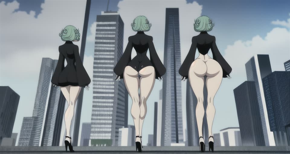 tatsumaki legs, view from behind, huge ass, walking pose, bare legs, cityscape, ultra detailed hd image, toned curvy legs, colorful image