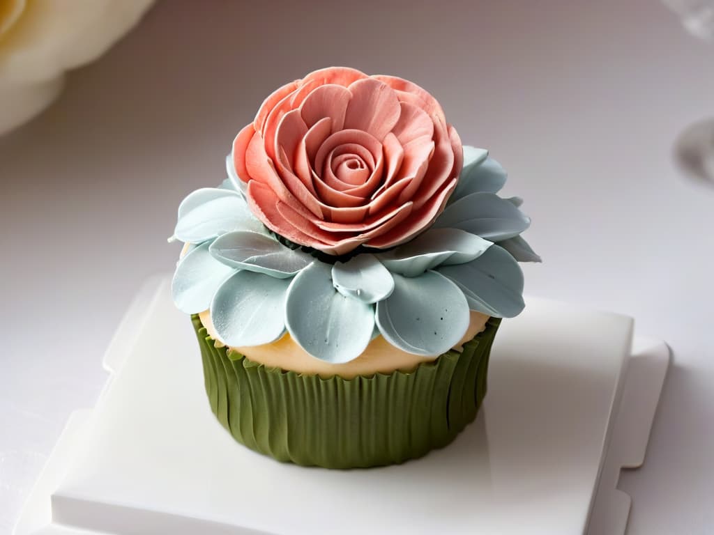  A closeup, ultradetailed image of a beautifully crafted, intricate sugar flower delicately placed on top of a freshly baked cupcake. The petals are so finely detailed that each delicate vein is visible, and the subtle gradient from pale pink to white creates a stunning visual effect. The cupcake sits on a simple, elegant white plate, with a soft, blurred background that enhances the focus on the exquisite sugar flower. hyperrealistic, full body, detailed clothing, highly detailed, cinematic lighting, stunningly beautiful, intricate, sharp focus, f/1. 8, 85mm, (centered image composition), (professionally color graded), ((bright soft diffused light)), volumetric fog, trending on instagram, trending on tumblr, HDR 4K, 8K