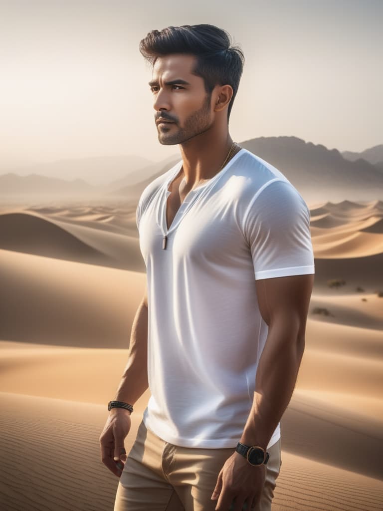  Half body portrait,Young Asian Male Tourist wear solid white casual short sleeve t shirt, standing in desert, cinematic lighting, stunningly beautiful, intricate, sharp focus, f/1. 8, 85mm, (professionally color graded), ((bright soft diffused light)), volumetric fog, trending on instagram, trending on tumblr, HDR 4K, 8K hyperrealistic, full body, detailed clothing, highly detailed, cinematic lighting, stunningly beautiful, intricate, sharp focus, f/1. 8, 85mm, (centered image composition), (professionally color graded), ((bright soft diffused light)), volumetric fog, trending on instagram, trending on tumblr, HDR 4K, 8K