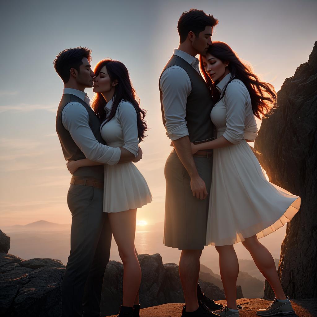  Create a high quality hyperrealistic image that visually represents the theme 'True love is not about finding someone to live with, but finding someone you can't live without.' The image should depict a couple standing together on a scenic overlook, holding each other closely and looking into each other's eyes, conveying a deep emotional connection. The background should include a beautiful sunset over a serene landscape, emphasizing the romantic atmosphere. The characters should be dressed casually, and their expressions should reflect the profound bond they share. The image should be of hyperrealistic style and high quality. hyperrealistic, full body, detailed clothing, highly detailed, cinematic lighting, stunningly beautiful, intricate, sharp focus, f/1. 8, 85mm, (centered image composition), (professionally color graded), ((bright soft diffused light)), volumetric fog, trending on instagram, trending on tumblr, HDR 4K, 8K