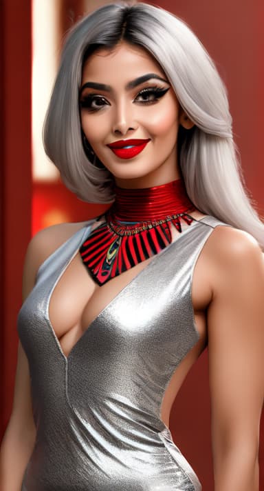  Sexy Egyptian Woman,Silver hair,black eyeliner,full red lips,mischievous smirk,low cut,plunging neckline,large sagging,strong arms,flexing,
