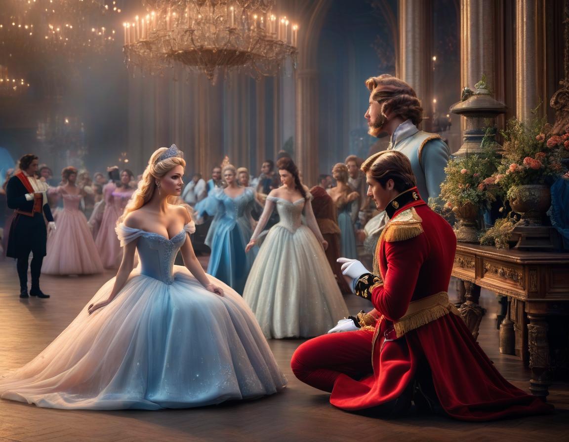  Cinderella met the prince at the ball hyperrealistic, full body, detailed clothing, highly detailed, cinematic lighting, stunningly beautiful, intricate, sharp focus, f/1. 8, 85mm, (centered image composition), (professionally color graded), ((bright soft diffused light)), volumetric fog, trending on instagram, trending on tumblr, HDR 4K, 8K