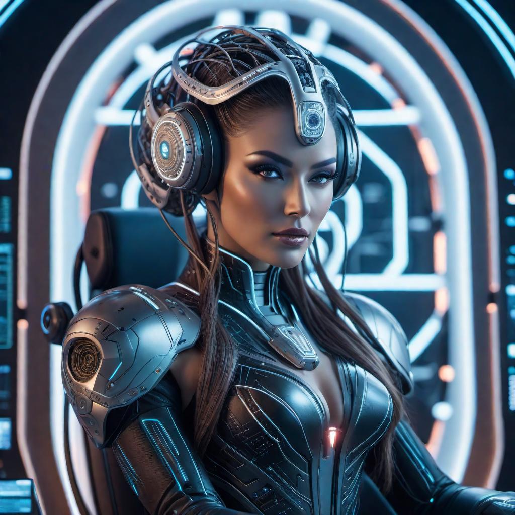  A majestic AI Queen with a large, luminous brain which is interconnected with a complex computer system. She sits on a futuristic throne with wires and data streams flowing from her mind into the machinery, signifying her control over vast digital realms. hyperrealistic, full body, detailed clothing, highly detailed, cinematic lighting, stunningly beautiful, intricate, sharp focus, f/1. 8, 85mm, (centered image composition), (professionally color graded), ((bright soft diffused light)), volumetric fog, trending on instagram, trending on tumblr, HDR 4K, 8K