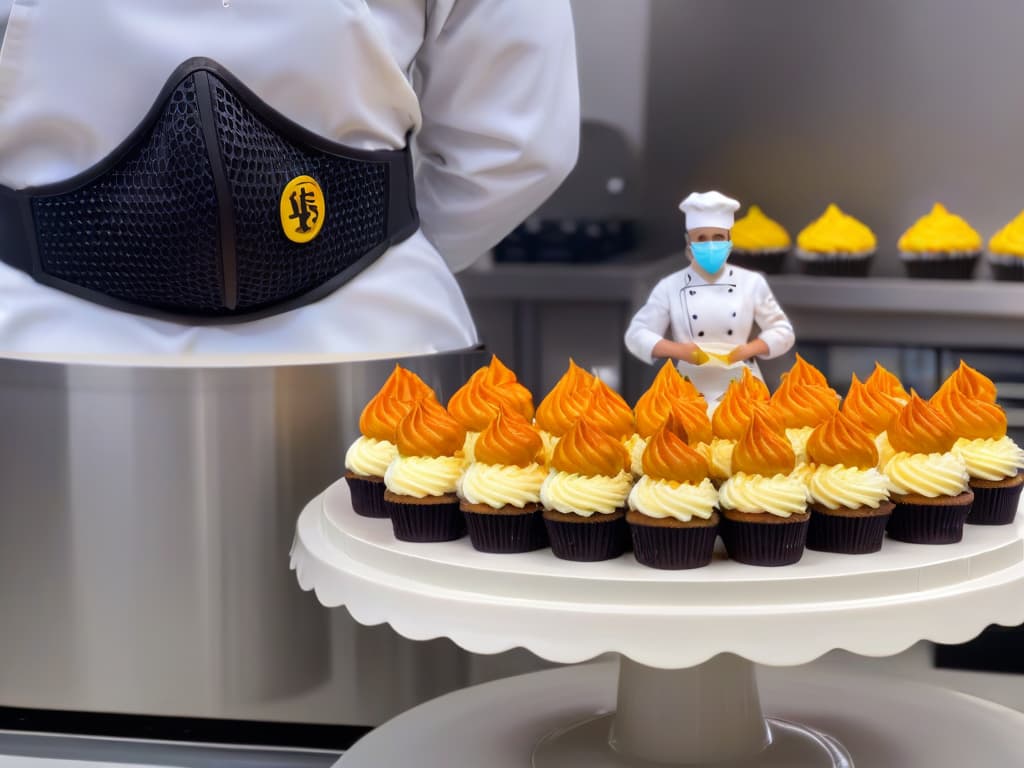  An elegant, minimalistic image of a diverse group of masked bakers creatively decorating cupcakes in a modern kitchen setting, showcasing a blend of traditional and innovative baking techniques. The image captures the essence of safety measures and creativity in postCOVID baking competitions, with a focus on teamwork, precision, and attention to detail. hyperrealistic, full body, detailed clothing, highly detailed, cinematic lighting, stunningly beautiful, intricate, sharp focus, f/1. 8, 85mm, (centered image composition), (professionally color graded), ((bright soft diffused light)), volumetric fog, trending on instagram, trending on tumblr, HDR 4K, 8K