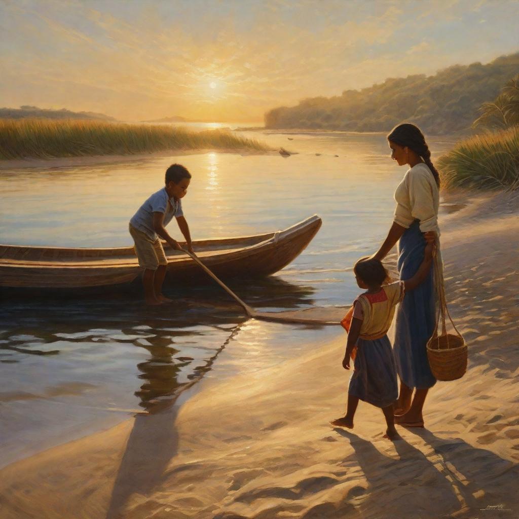  Prompt: "An endearing image of a youthful child and mother, their hands interlaced as they step off a wooden boat onto the shore of their home, symbolizing the end of their adventurous journey on the island. Both mother and child possess joyful expressions as they look fondly at each other, signifying the precious time they spent together. In the distance, the sun is setting over the serene ocean with the silhouetted image of the mystical island they're leaving behind. The child clutches a large, gem-like seashell—a memento from their island adventure. The omnipresent theme emphasizes the close bond between mother and child, fond memories, and the eternal lessons they gathered throughout their journey. The scenery is soothing with soft co hyperrealistic, full body, detailed clothing, highly detailed, cinematic lighting, stunningly beautiful, intricate, sharp focus, f/1. 8, 85mm, (centered image composition), (professionally color graded), ((bright soft diffused light)), volumetric fog, trending on instagram, trending on tumblr, HDR 4K, 8K