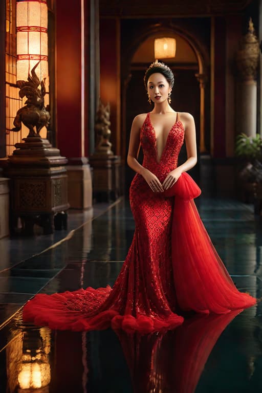  (masterpiece), (extremely intricate:1.3), (realistic), Red koi fish, big almond eyes, sitting insIde the palace , wash big barefoot feet and sticking crystal and shiny water,wearing a gorgeous red evening gown , water reflection, photograph of Fairy like actress, photograph of an charming Princesses of PRC actress, cinematic lighting, octane render, unreal engine, volumetric dtx, (film grain), 8k photorealistic, cinematic lighting, HD, high details, dramatic, trending on artstation, half body, head shot, film still, stunning photography. award coached, anatomically correct, hyper realistic, super detailed, 4k uhd image, canon eos r3 hyperrealistic, full body, detailed clothing, highly detailed, cinematic lighting, stunningly beautiful, intricate, sharp focus, f/1. 8, 85mm, (centered image composition), (professionally color graded), ((bright soft diffused light)), volumetric fog, trending on instagram, trending on tumblr, HDR 4K, 8K