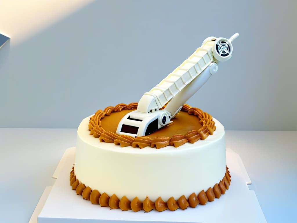  An ultradetailed image of a sleek, futuristic robotic arm delicately piping intricate designs onto a beautifully crafted cake, showcasing the seamless blend of technology and creativity in modern pastry making. The robot arm, with precision and grace, adds the finishing touches to the cake, highlighting the impact of robotics on pushing the boundaries of artistic expression in the world of pastry. The minimalistic design of the image emphasizes the sophistication and innovation brought by robotic advancements in the realm of culinary arts. hyperrealistic, full body, detailed clothing, highly detailed, cinematic lighting, stunningly beautiful, intricate, sharp focus, f/1. 8, 85mm, (centered image composition), (professionally color graded), ((bright soft diffused light)), volumetric fog, trending on instagram, trending on tumblr, HDR 4K, 8K