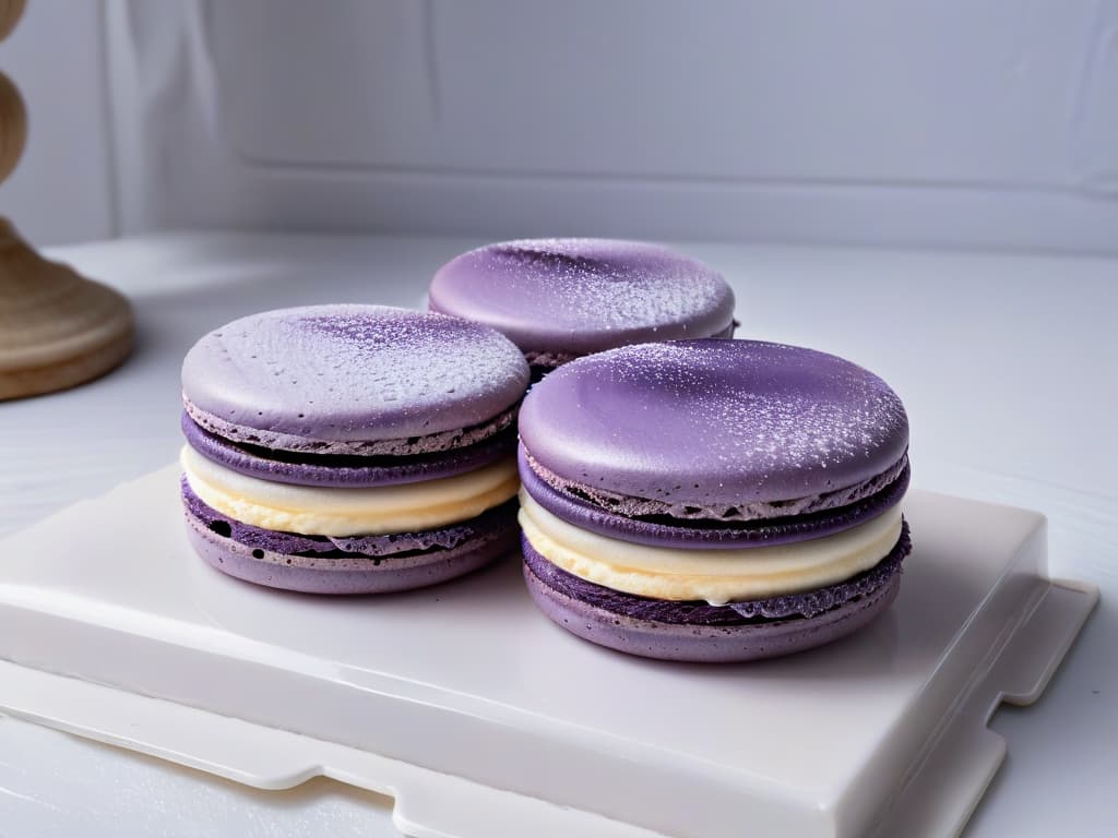  An ultradetailed closeup image of a delicate, perfectly executed macaron with a glossy surface, showcasing intricate ridges and a vibrant color gradient that transitions from a deep purple to a soft lavender hue. The macaron is elegantly placed on a pristine white marble countertop, with subtle natural light casting soft shadows, highlighting the precision and artistry of French pastrymaking. hyperrealistic, full body, detailed clothing, highly detailed, cinematic lighting, stunningly beautiful, intricate, sharp focus, f/1. 8, 85mm, (centered image composition), (professionally color graded), ((bright soft diffused light)), volumetric fog, trending on instagram, trending on tumblr, HDR 4K, 8K