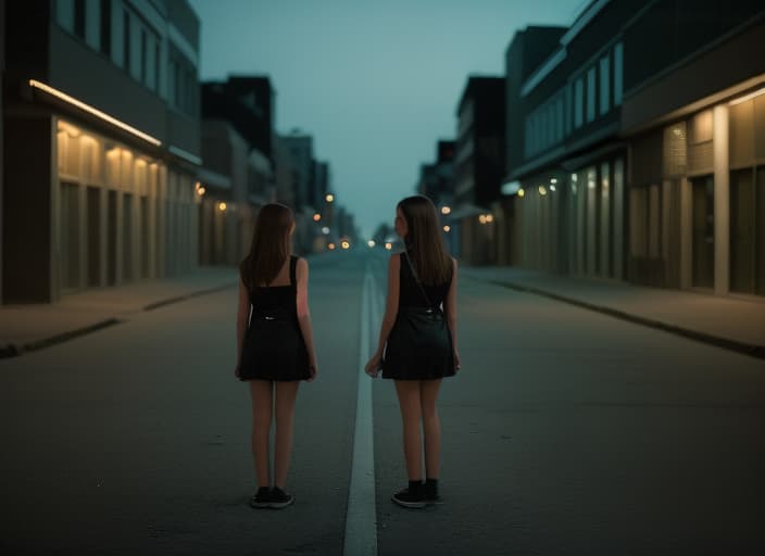  two girls, empty street, night lights
