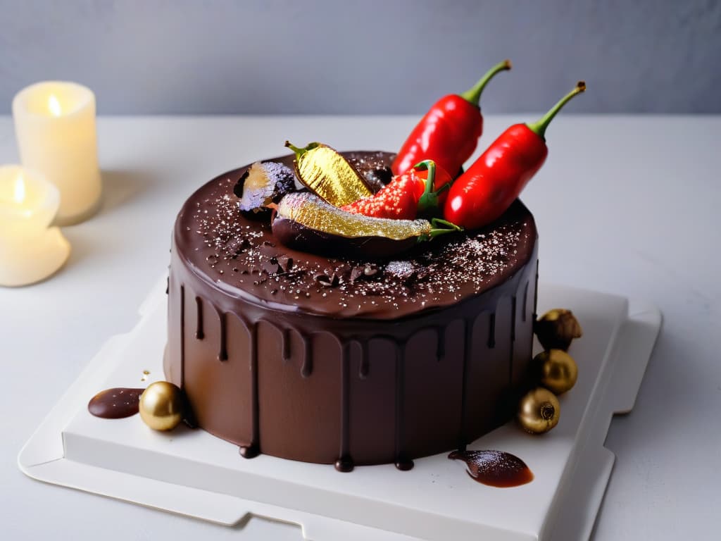  A decadent, photorealistic image of a rich, dark chocolate cake topped with a vibrant red chili pepperinfused ganache, sprinkled with flakes of gold leaf for a touch of elegance. The cake sits on a sleek, modern white plate, set against a dark backdrop to make the dessert's colors pop. The glossy ganache drips enticingly down the sides of the cake, hinting at the bold and daring flavor combination awaiting adventurous foodies. hyperrealistic, full body, detailed clothing, highly detailed, cinematic lighting, stunningly beautiful, intricate, sharp focus, f/1. 8, 85mm, (centered image composition), (professionally color graded), ((bright soft diffused light)), volumetric fog, trending on instagram, trending on tumblr, HDR 4K, 8K