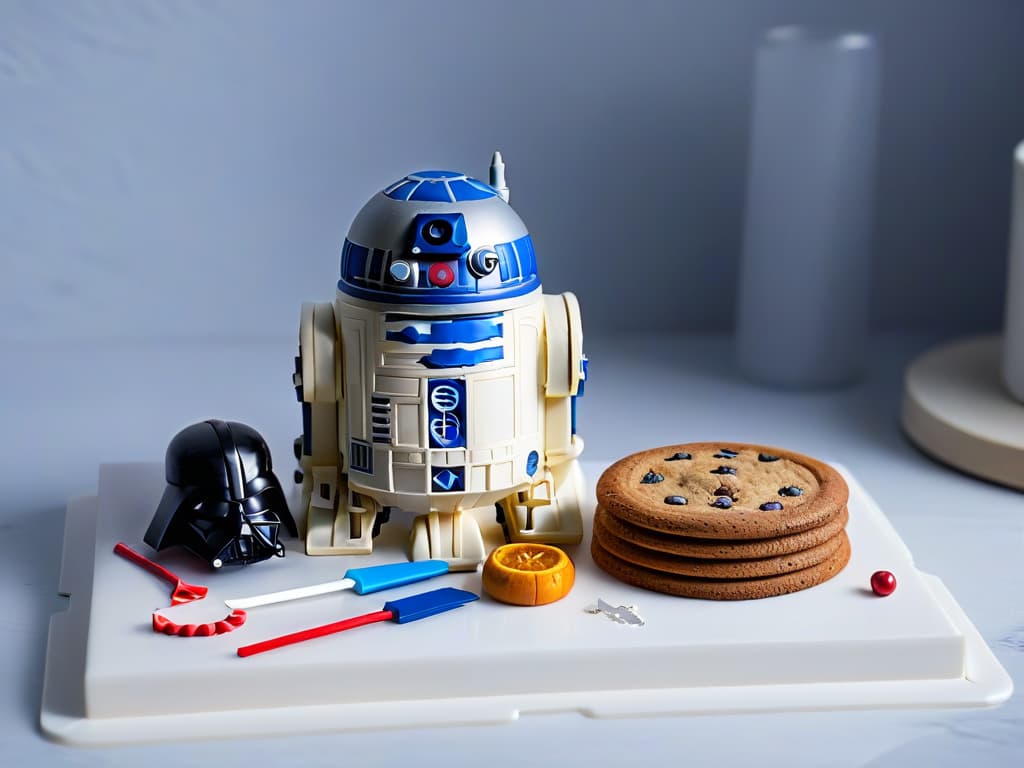  An ultradetailed image of a sleek, minimalist kitchen counter adorned with an array of Star Warsthemed utensils such as lightsaberhandled spatulas, R2D2 measuring cups, and Millennium Falcon cookie cutters. The utensils are neatly arranged, casting soft shadows on the pristine marble surface, creating a visually striking and professional composition that embodies the galactic theme of the article. hyperrealistic, full body, detailed clothing, highly detailed, cinematic lighting, stunningly beautiful, intricate, sharp focus, f/1. 8, 85mm, (centered image composition), (professionally color graded), ((bright soft diffused light)), volumetric fog, trending on instagram, trending on tumblr, HDR 4K, 8K