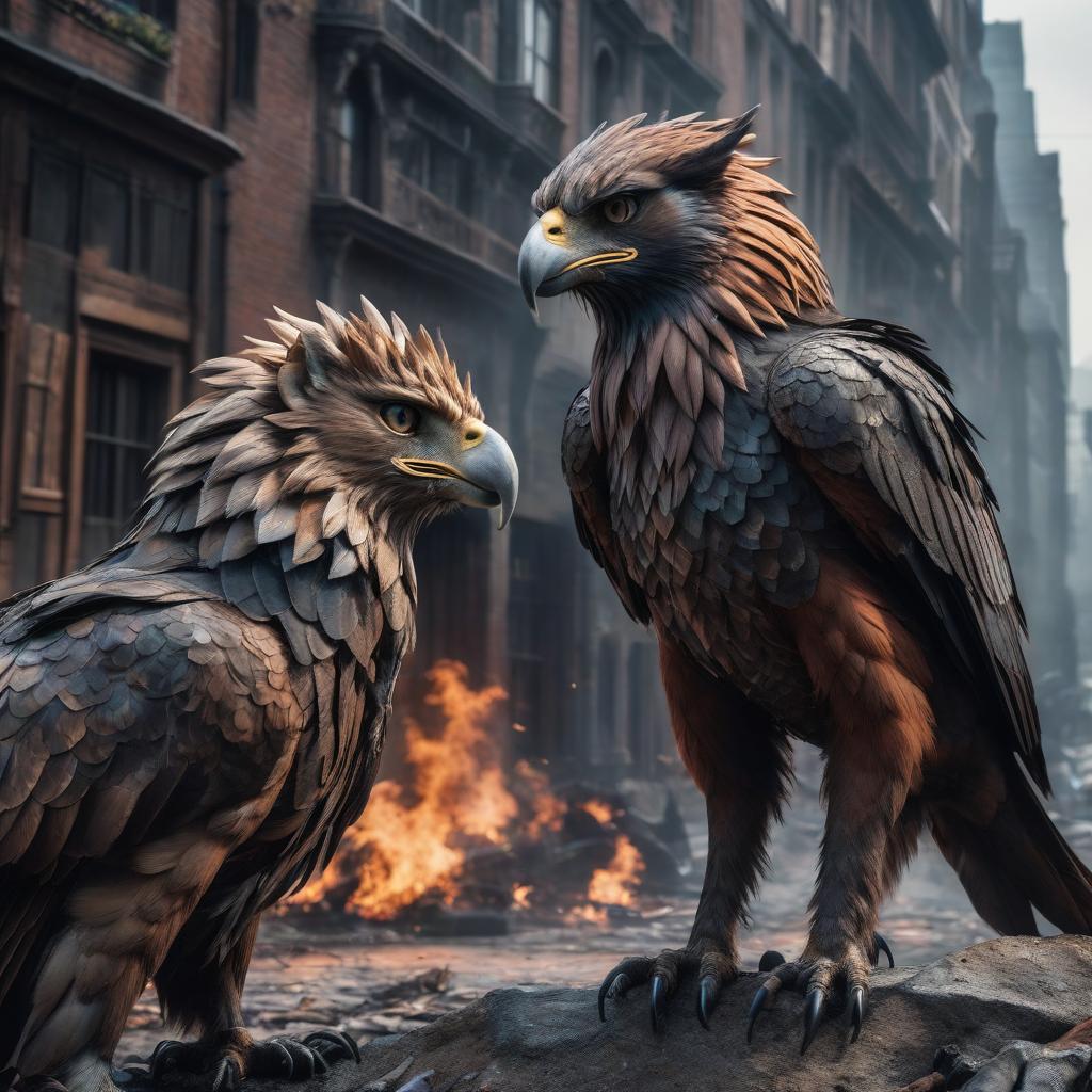  Griffins in a contemporary city after the apocalypse against a warrior and a witch hyperrealistic, full body, detailed clothing, highly detailed, cinematic lighting, stunningly beautiful, intricate, sharp focus, f/1. 8, 85mm, (centered image composition), (professionally color graded), ((bright soft diffused light)), volumetric fog, trending on instagram, trending on tumblr, HDR 4K, 8K