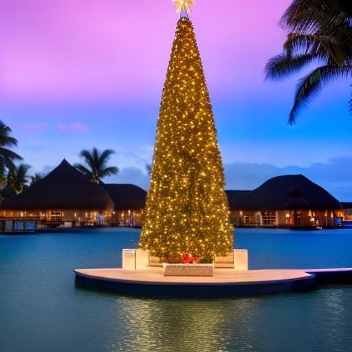 modern disney style christmas tree on over water bungalow with lights ultra HD, 4K, high details