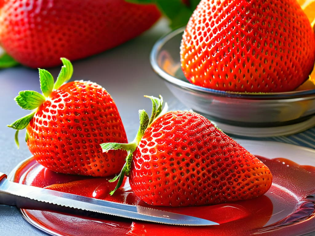  A closeup, photorealistic image of a vibrant red strawberry being sliced in half, showcasing the juicy texture, glistening seeds, and fresh green leaves. The image captures the moment of the knife cutting through the fruit, with droplets of juice suspended in the air, highlighting the intense aroma and sensory experience of the ripe strawberry. hyperrealistic, full body, detailed clothing, highly detailed, cinematic lighting, stunningly beautiful, intricate, sharp focus, f/1. 8, 85mm, (centered image composition), (professionally color graded), ((bright soft diffused light)), volumetric fog, trending on instagram, trending on tumblr, HDR 4K, 8K