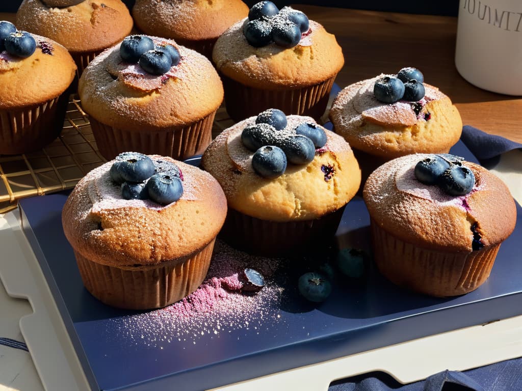  A closeup, ultradetailed image of a stack of freshly baked blueberry muffins topped with a sprinkle of dried blueberries, showcasing the vibrant purple hue against the goldenbrown crust of the muffins. The muffins are placed on a sleek, modern ceramic plate with a subtle matte finish, emphasizing the contrast between the rustic baked goods and the contemporary presentation. The lighting is soft and natural, casting gentle shadows that add depth and dimension to the scene, highlighting the textures of the muffins and the dried blueberries. hyperrealistic, full body, detailed clothing, highly detailed, cinematic lighting, stunningly beautiful, intricate, sharp focus, f/1. 8, 85mm, (centered image composition), (professionally color graded), ((bright soft diffused light)), volumetric fog, trending on instagram, trending on tumblr, HDR 4K, 8K