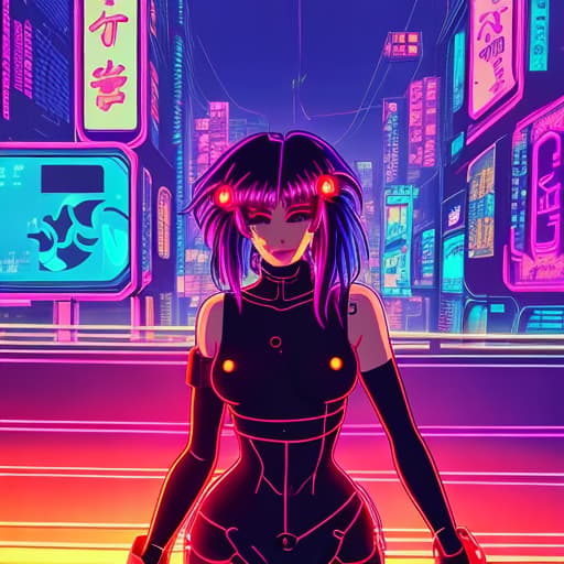  Anime, cyberpunk women, city, neon lights, glow, retrowave style, sunset,