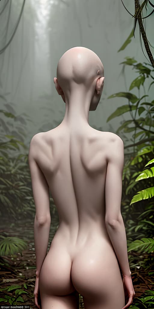  bald-girl, thin, dirty, raining, in the jungle, naked, with her back