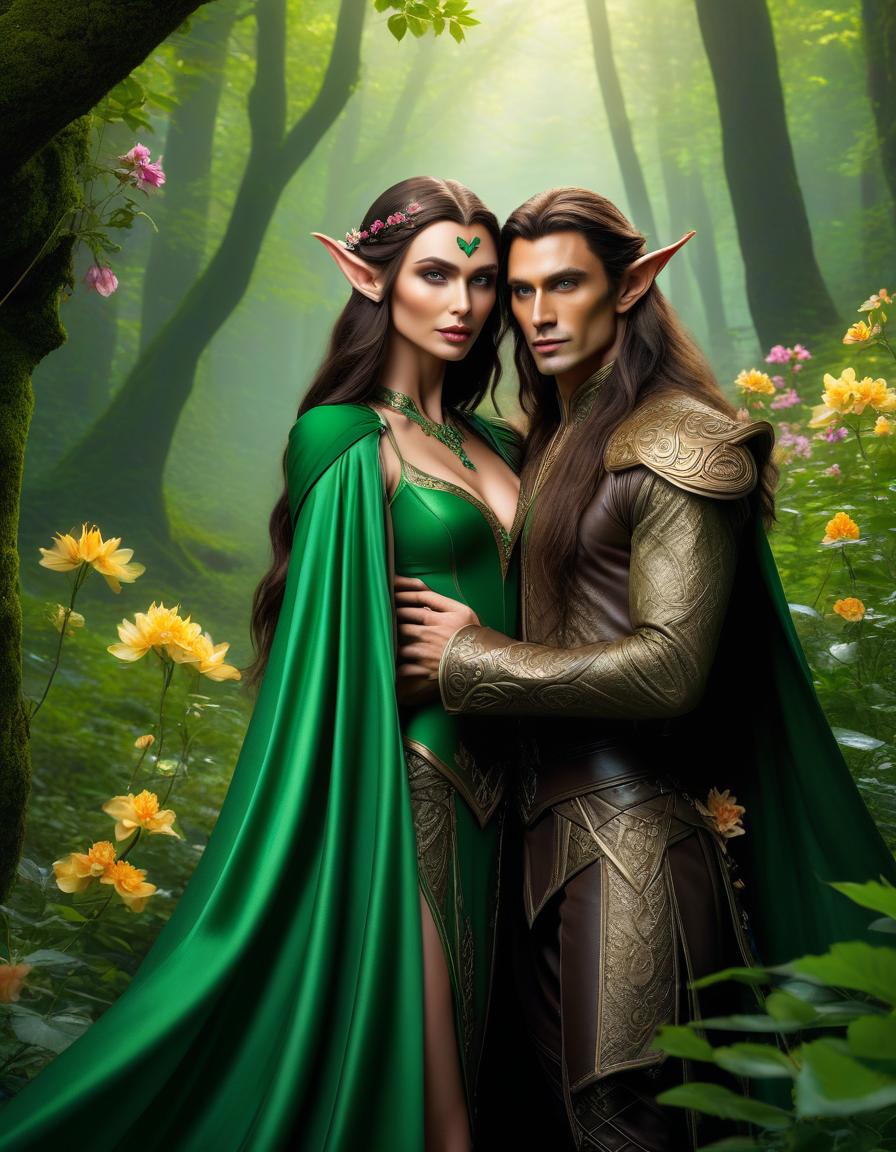  A beautiful young elf man, statured, with sharp elf ears, long hair, with a stern, predatory, expressive look in green eyes, high cheekbones, a defined jawline, plump lips, a beautiful body, broad shoulders, embraces and touches his pretty, slender, elfish girl with pointed ears, with curly hair, in a colorful, whimsical, magical, enchanting outfit, in the woods, among the flowers, in a magical and enchanting atmosphere, 4k, HDR+, hyperrealism, high resolution, quality detailing. hyperrealistic, full body, detailed clothing, highly detailed, cinematic lighting, stunningly beautiful, intricate, sharp focus, f/1. 8, 85mm, (centered image composition), (professionally color graded), ((bright soft diffused light)), volumetric fog, trending on instagram, trending on tumblr, HDR 4K, 8K