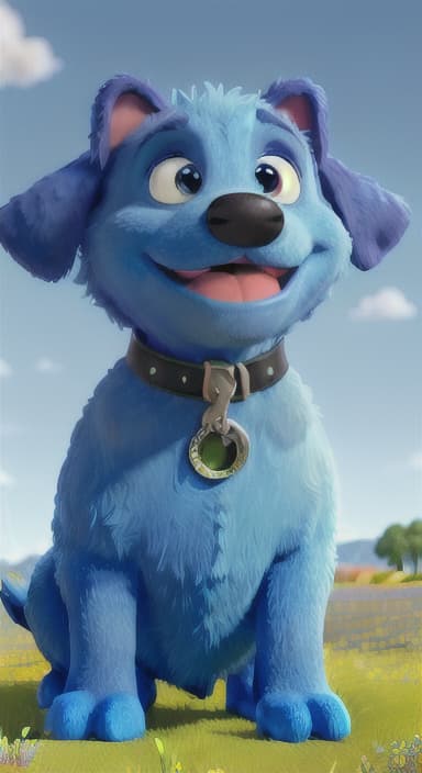  {A happy, big blue dog wagging its tail in a colorful meadow, The big blue dog is large with sky blue fur, big round eyes, a black nose, and floppy ears.