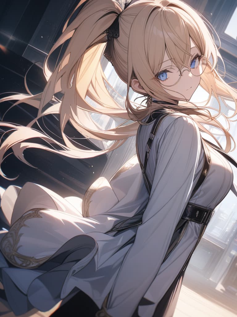  Round glasses, long hair, ponytail, cister, blonde, blue eyed, fleeting, masterpiece, best quality,8k,ultra detailed,high resolution,an extremely delicate and beautiful,hyper detail