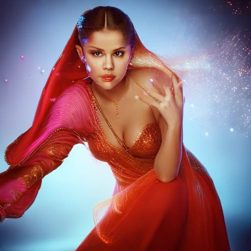 portrait+ style this image but the genie has Selena Gomez face and is enjoying granting my wish via her magic hands