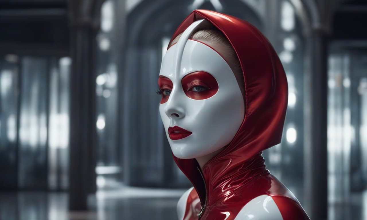  cinematic film still A stern nun, tall, pale skin, brightly colored eyes, plump lips, in a shiny red latex suit hugging her body tightly. On her head is a tight fitting white mask covering her entire head and face. The mask hugs her entire face. On her hands are white gloves. On her legs are white boots with high heels, a red corset, (a dark frame: 1.17), epic and realistic, gray, ((neutral colors)), artistic, (hdr: 1.5), (muted colors: 1.2), with increased detail, (artstation: 1.5), cinematic, warm light, dramatic light, (complex details: 1.1), a complex background, (Rutkowski: 0.8), (blue and orange: 0.4), Details, ((complex details)), hdr, ((complex details, highly detailed)) . shallow depth of field, vignette, highly detailed, high bud hyperrealistic, full body, detailed clothing, highly detailed, cinematic lighting, stunningly beautiful, intricate, sharp focus, f/1. 8, 85mm, (centered image composition), (professionally color graded), ((bright soft diffused light)), volumetric fog, trending on instagram, trending on tumblr, HDR 4K, 8K