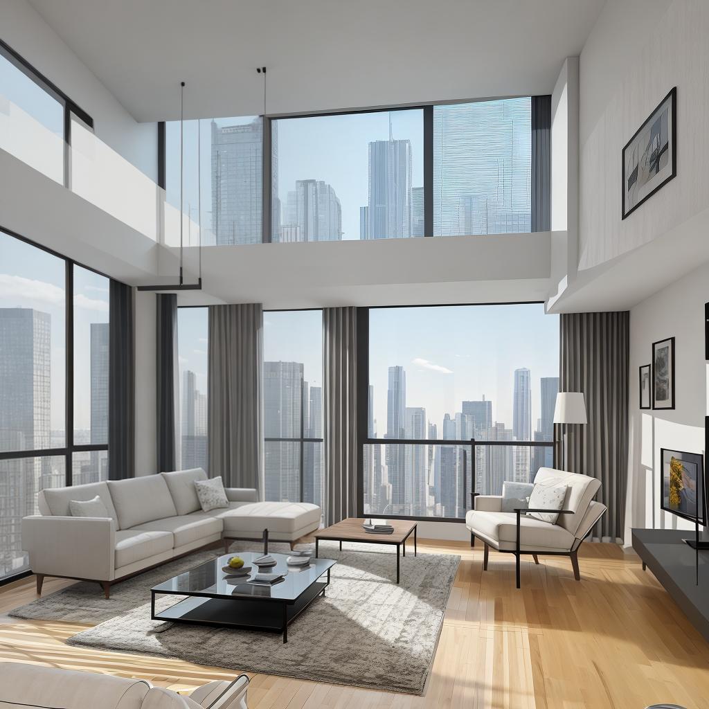  masterpiece, best quality, best quality, masterpiece, 8k resolution, high resolution apartment Living room concept art with floor-to-ceiling windows and modern furniture