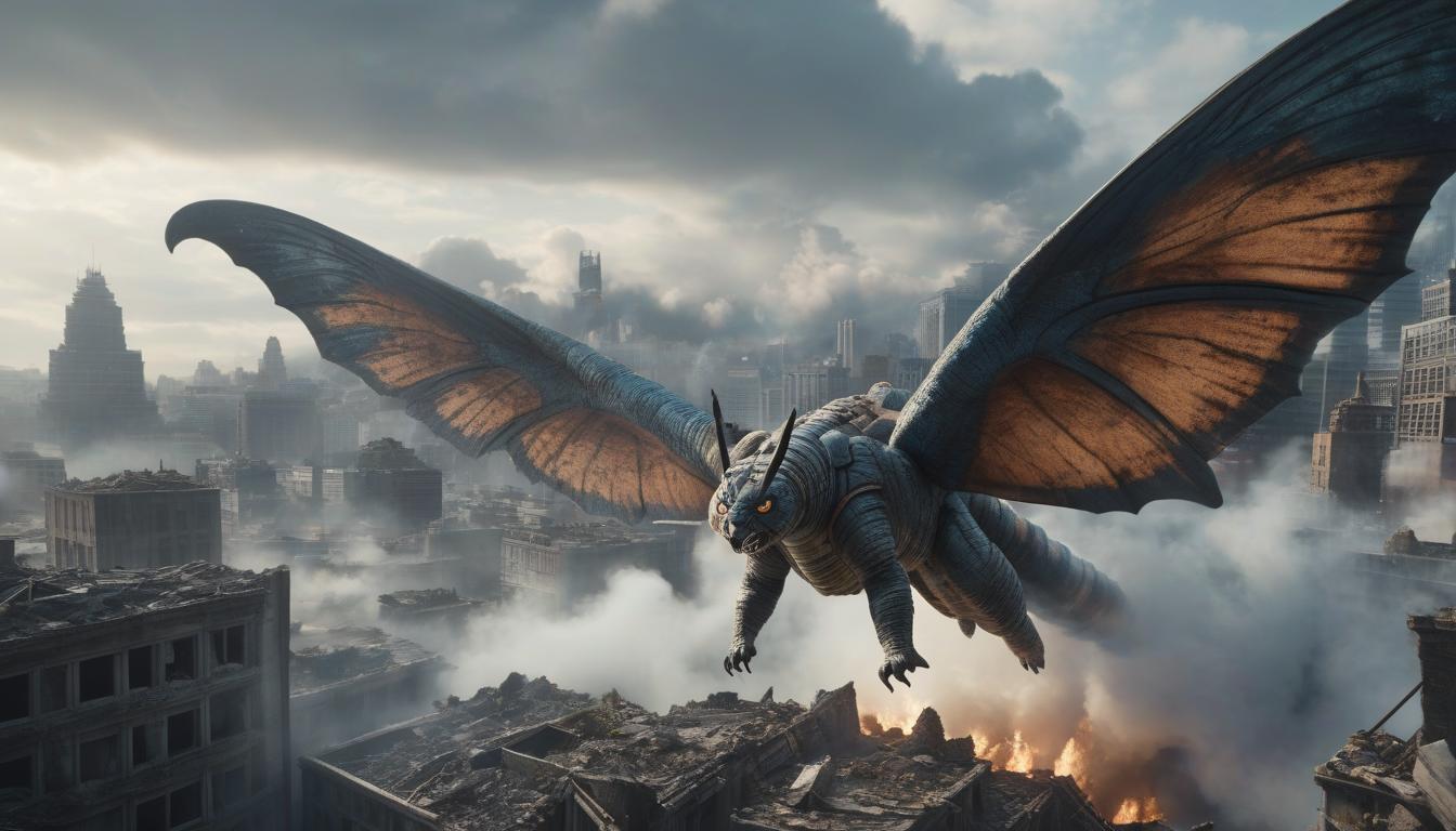  A monster, Mothra, is flying over a ruined city, heavy clouds of outrage, fights with Godzilla. hyperrealistic, full body, detailed clothing, highly detailed, cinematic lighting, stunningly beautiful, intricate, sharp focus, f/1. 8, 85mm, (centered image composition), (professionally color graded), ((bright soft diffused light)), volumetric fog, trending on instagram, trending on tumblr, HDR 4K, 8K