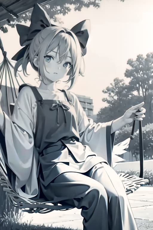  Cirno on a hammock, old manga style, monochrome