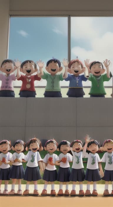  {A heartwarming scene of all the children waving goodbye with happy expressions., Children waving with wide smiles, looking grateful and content.