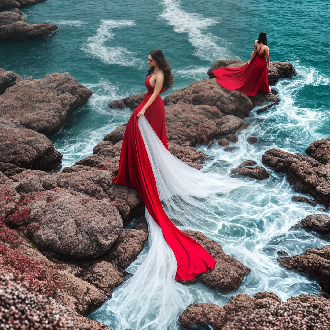  Make me a photo a beautiful in a red walking on the edge of the sea hyperrealistic, full body, detailed clothing, highly detailed, cinematic lighting, stunningly beautiful, intricate, sharp focus, f/1. 8, 85mm, (centered image composition), (professionally color graded), ((bright soft diffused light)), volumetric fog, trending on instagram, trending on tumblr, HDR 4K, 8K