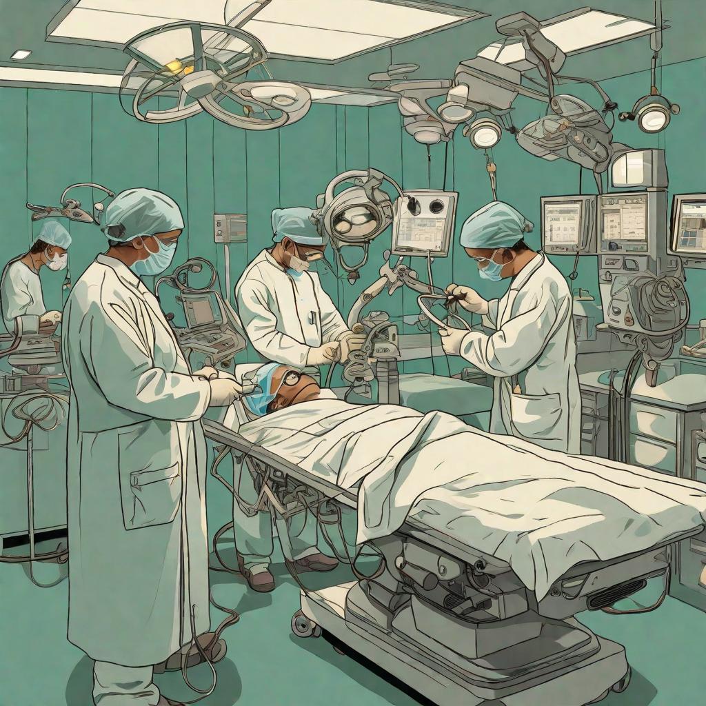  A scene of a cardiac surgeon operating in an operating room. The doctor wears magnifying glasses and headlights. The total number of people in the operating room is between six and seven.