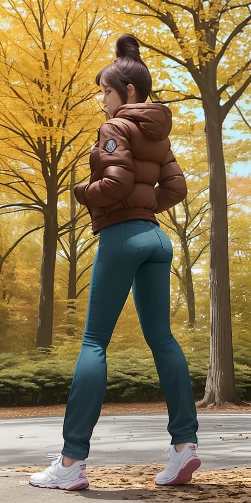  girl-walks through the park, wearing pants, a jacket, autumn. show her butt closer