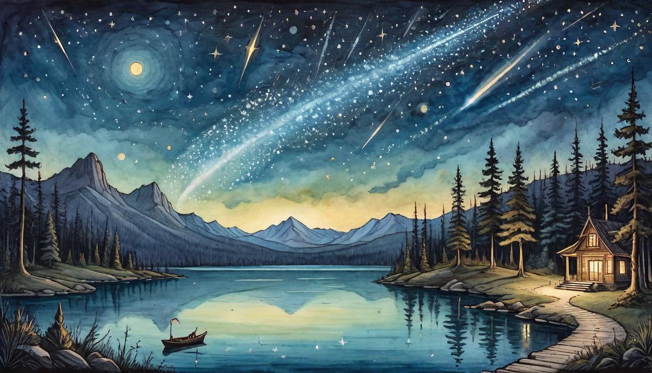  on parchment, surrealism+++, A meteor shower illuminating the night sky over a serene lake, each shooting star representing a trial overcome by inner strength and perseverance. Meteor shower of perseverance, night sky illumination, serene lake, trials as celestial events, strength manifested(mysterious, provocative, symbolic,muted color)+++