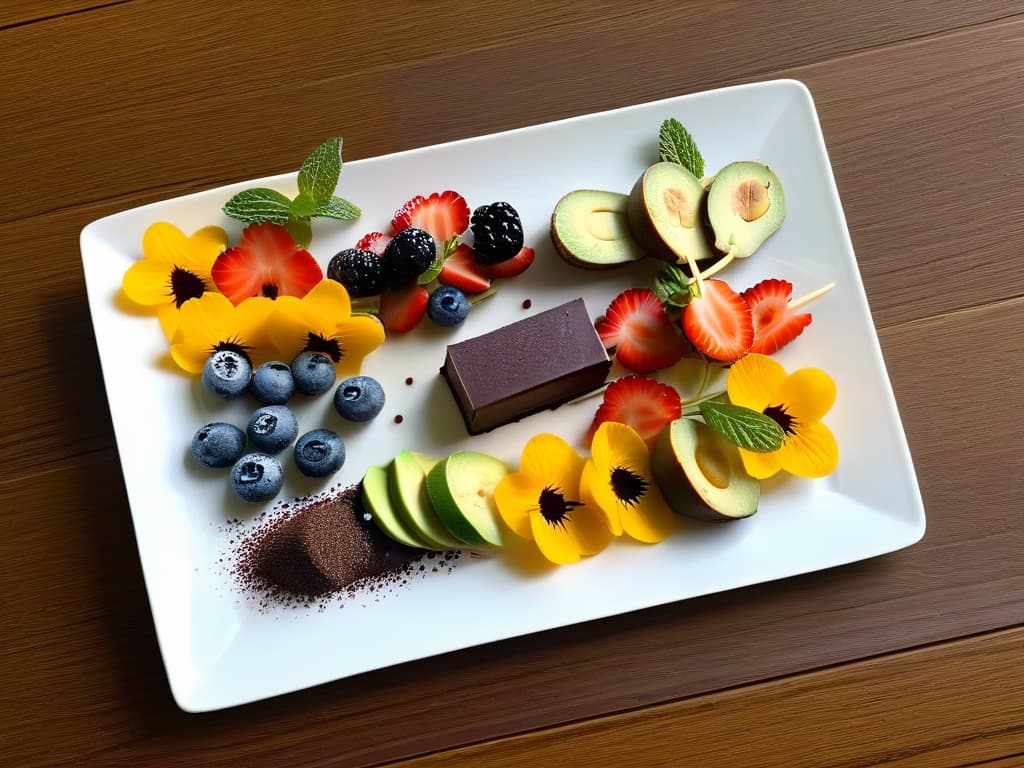  A closeup, ultradetailed image of a beautifully arranged plate of colorful and vibrant detox desserts, showcasing various textures and shapes of nutritious treats like chia seed puddings, fresh fruit skewers, and avocado chocolate mousse, all elegantly garnished with mint leaves and edible flowers on a sleek, white minimalist plate. The desserts are artfully presented with attention to detail, inviting the viewer to indulge in a guiltfree and healthy sweet experience. hyperrealistic, full body, detailed clothing, highly detailed, cinematic lighting, stunningly beautiful, intricate, sharp focus, f/1. 8, 85mm, (centered image composition), (professionally color graded), ((bright soft diffused light)), volumetric fog, trending on instagram, trending on tumblr, HDR 4K, 8K