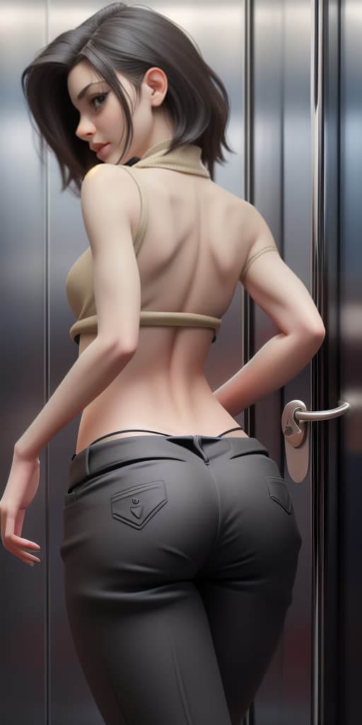  woman-takes off her pants, without panties, with her back, in an elevator