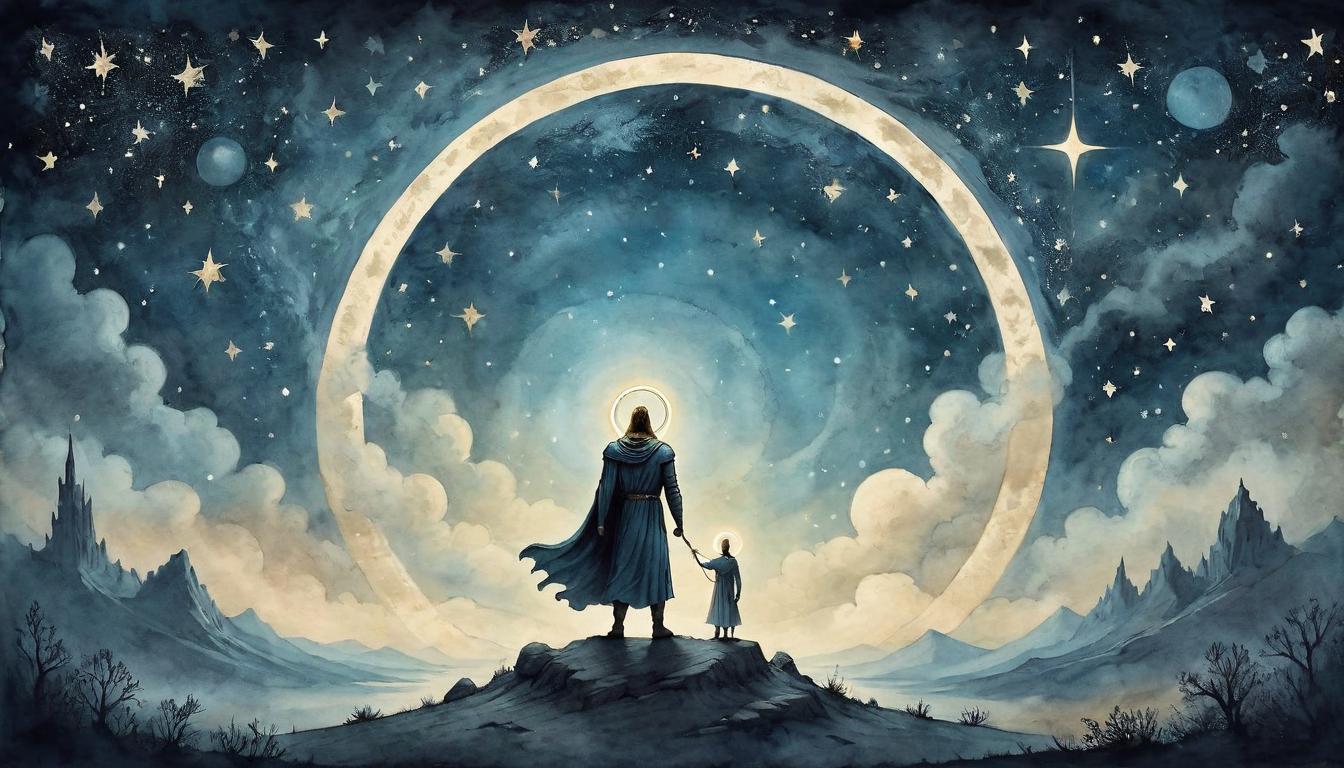  on parchment, surrealism+++, A solitary person with a halo above the head, standing amidst stars, night sky backdrop, ethereal, divine connection(mysterious, provocative, symbolic,muted color)+++