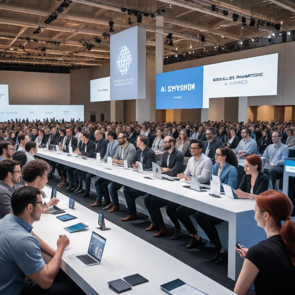  An AI symposium with diverse humanoid robots and humans gathered in a modern conference center. The symposium is active with various booths displaying the latest technology, interactive panels, and a keynote speaker on stage presenting to an engaged audience. There is a large banner that reads 'AI Symposium' hanging above the stage. In the foreground, there's a group of attendees networking and exchanging ideas. The overall mood is innovative and collaborative. hyperrealistic, full body, detailed clothing, highly detailed, cinematic lighting, stunningly beautiful, intricate, sharp focus, f/1. 8, 85mm, (centered image composition), (professionally color graded), ((bright soft diffused light)), volumetric fog, trending on instagram, trending on tumblr, HDR 4K, 8K