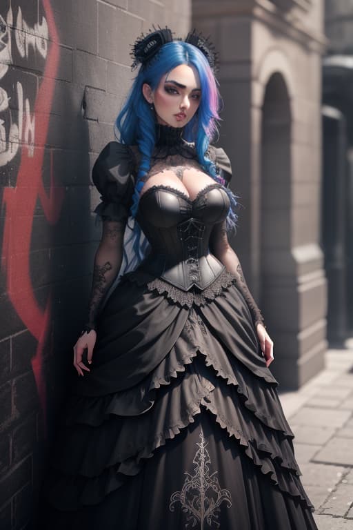  Beautiful gothic woman wearing corset and tutu standing in front of a wall with graffiti hyperrealistic, full body, detailed clothing, highly detailed, cinematic lighting, stunningly beautiful, intricate, sharp focus, f/1. 8, 85mm, (centered image composition), (professionally color graded), ((bright soft diffused light)), volumetric fog, trending on instagram, trending on tumblr, HDR 4K, 8K