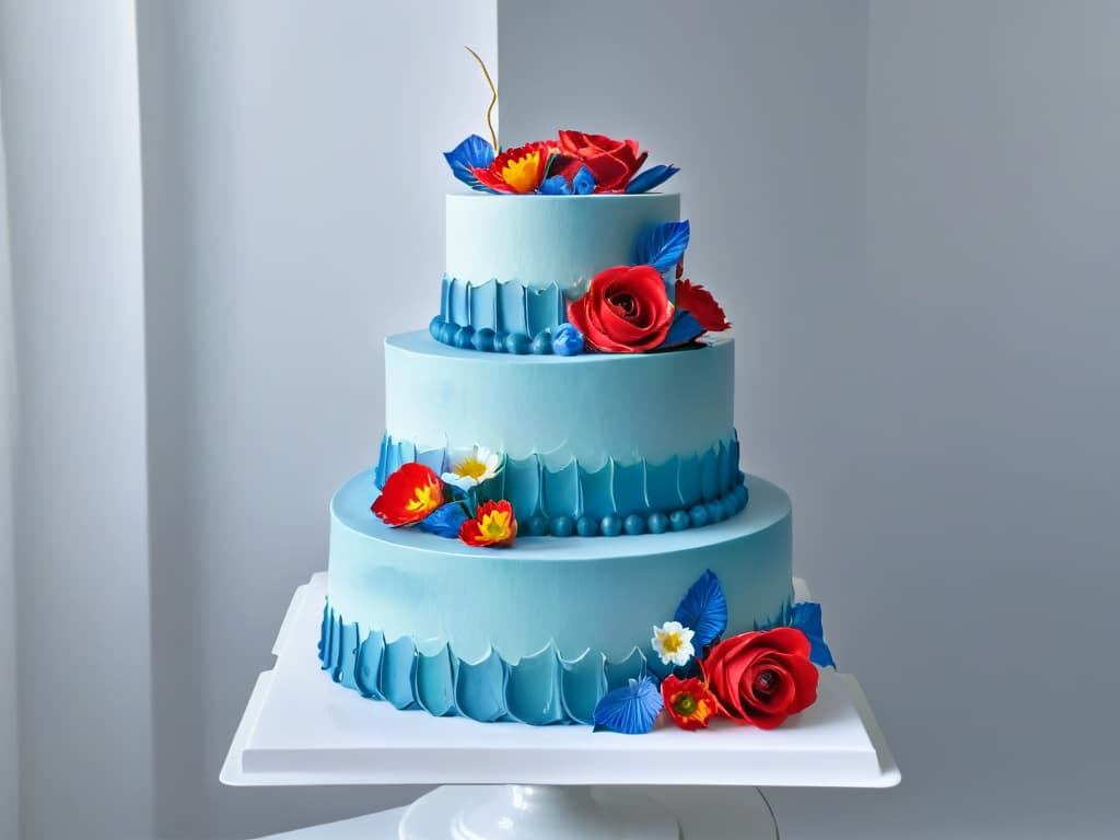  A highresolution, minimalist image of a beautifully decorated tiered cake with intricate detailing in vibrant colors, showcasing different themes like floral patterns, geometric designs, and artistic swirls. The cake is elegantly displayed on a simple, white cake stand against a clean, unobtrusive background, allowing the viewer to focus solely on the artistry and craftsmanship of the confectionery masterpiece. hyperrealistic, full body, detailed clothing, highly detailed, cinematic lighting, stunningly beautiful, intricate, sharp focus, f/1. 8, 85mm, (centered image composition), (professionally color graded), ((bright soft diffused light)), volumetric fog, trending on instagram, trending on tumblr, HDR 4K, 8K