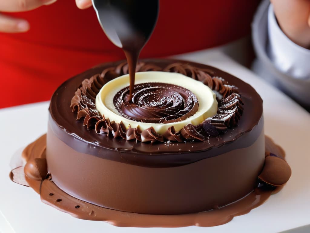  A closeup, photorealistic image of a gourmet chocolate being delicately filled with a rich, creamy filling by a skilled chocolatier's hands. The chocolate is perfectly shiny, with intricate swirls and patterns on its surface, showcasing the high level of craftsmanship and innovation in chocolate filling techniques. The background is blurred to highlight the fine details of the process, emphasizing the elegance and artistry involved in creating these delectable filled chocolates. hyperrealistic, full body, detailed clothing, highly detailed, cinematic lighting, stunningly beautiful, intricate, sharp focus, f/1. 8, 85mm, (centered image composition), (professionally color graded), ((bright soft diffused light)), volumetric fog, trending on instagram, trending on tumblr, HDR 4K, 8K