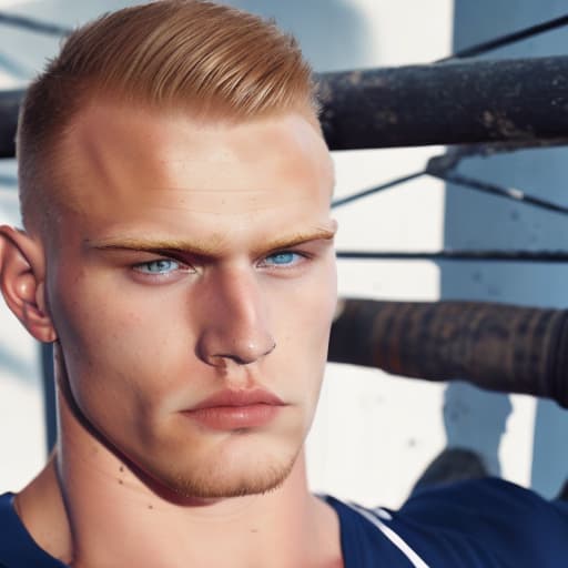 portrait+ style Russian queer strongman blonde hunk dude face