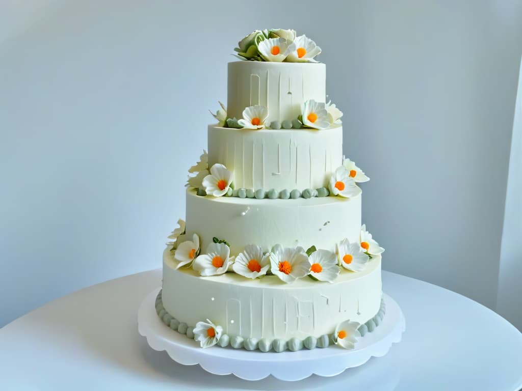  An ultradetailed photorealistic image of a beautifully decorated threetiered wedding cake, adorned with delicate sugar flowers and intricate piping designs. The cake is displayed on a pristine white cake stand, set against a softfocus background to emphasize the intricate details of the decorations. The lighting is warm and inviting, casting soft shadows that highlight the textures and colors of the cake. hyperrealistic, full body, detailed clothing, highly detailed, cinematic lighting, stunningly beautiful, intricate, sharp focus, f/1. 8, 85mm, (centered image composition), (professionally color graded), ((bright soft diffused light)), volumetric fog, trending on instagram, trending on tumblr, HDR 4K, 8K