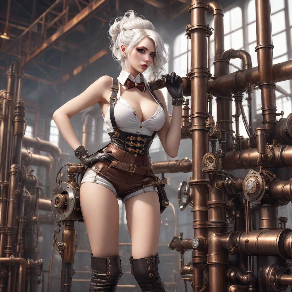  steampunk style, young woman, long pipes, bent over, tilted pose, face detailing, seductively looks at the viewer, cheeky bitch with lustful facial expression, bright white hair, shows bare, realistic skin, in shorts, belts, suspenders,  steampunk factory,  steam mechanisms, best quality, masterpiece, cute, hyper detail, full HD hyperrealistic, full body, detailed clothing, highly detailed, cinematic lighting, stunningly beautiful, intricate, sharp focus, f/1. 8, 85mm, (centered image composition), (professionally color graded), ((bright soft diffused light)), volumetric fog, trending on instagram, trending on tumblr, HDR 4K, 8K