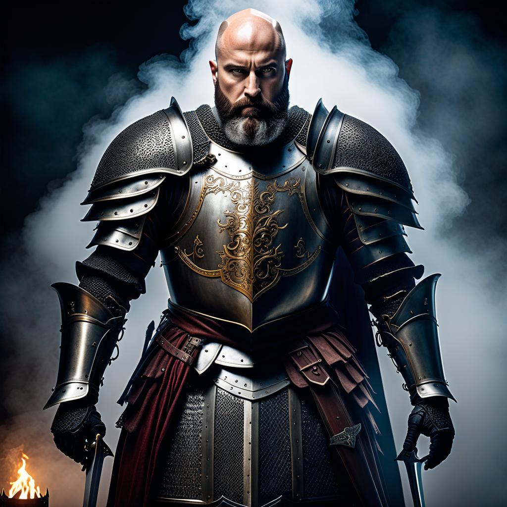  horror themed Bald and bearded knight in armor, without a helmet . eerie, unsettling, dark, spooky, suspenseful, grim, highly detailed hyperrealistic, full body, detailed clothing, highly detailed, cinematic lighting, stunningly beautiful, intricate, sharp focus, f/1. 8, 85mm, (centered image composition), (professionally color graded), ((bright soft diffused light)), volumetric fog, trending on instagram, trending on tumblr, HDR 4K, 8K