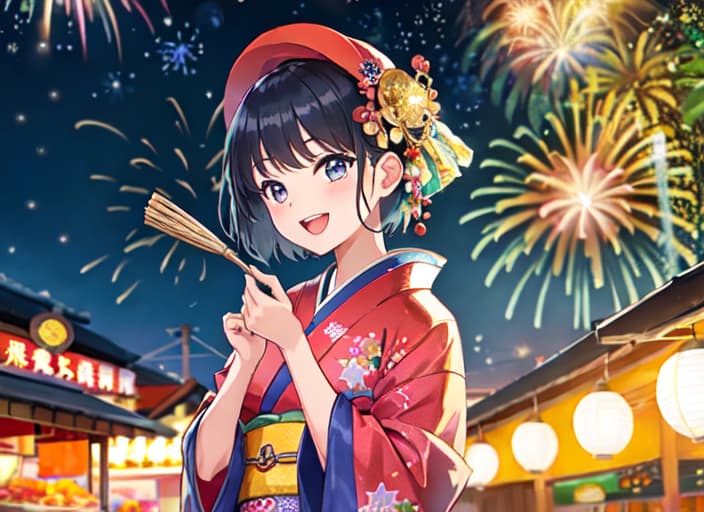  master piece , best quality,short hair girl in kimono laughing at fireworks starry sky food stall best quality